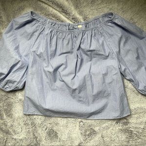 Maeve Anthropologie off the shoulder blue stripe